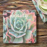 Mint Green Cactus Succulent Photo Beauty Script Stone Coaster<br><div class="desc">Cacti thrive in the harshest of desert conditions. Dream of sunny days and the peaceful atmosphere of a summer’s garden whenever you relax with your favourite beverage using this stunning photography stone coaster of pink-tipped, mint green cacti. Makes a great housewarming gift! You can easily personalize this stone coaster plus...</div>