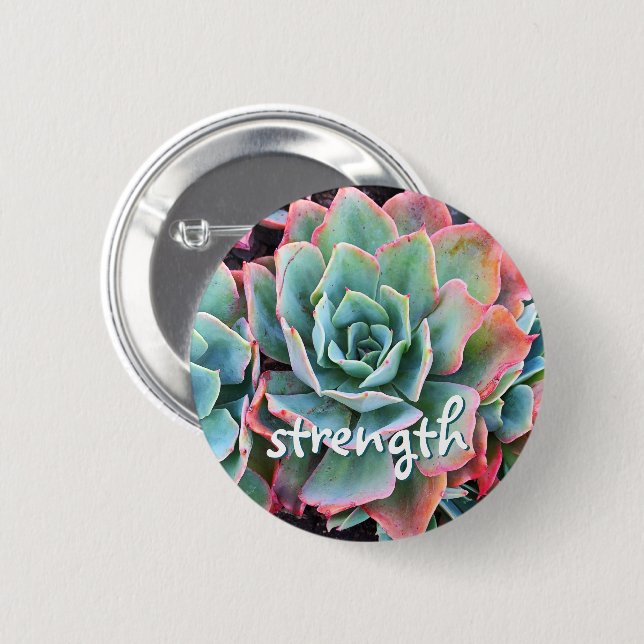 Mint Green Cactus Succulent Photo Strength Script 2 Inch Round Button (Front & Back)