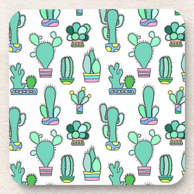 Mint Green Cactus & Succulent Plant Pattern Coaster (Front)