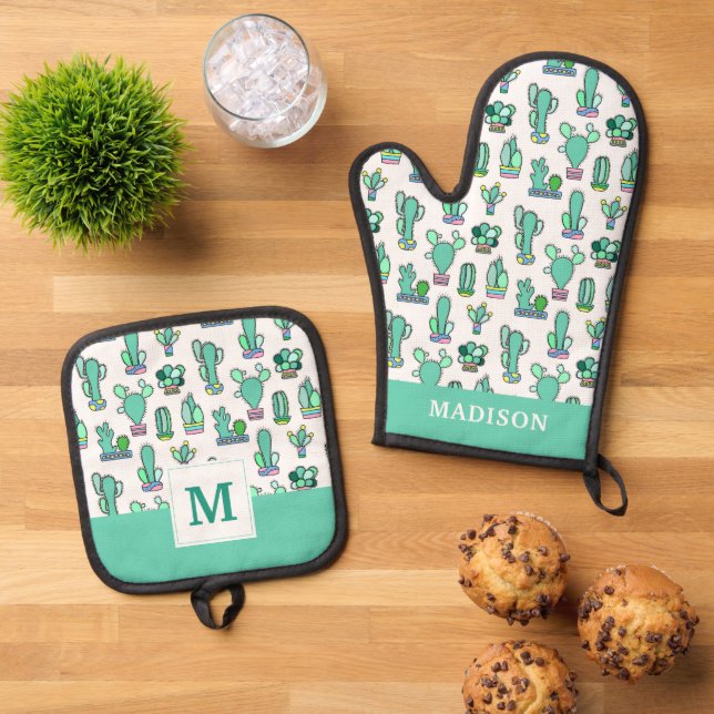 Mint Green Cactus & Succulent Plant Pattern Oven Mitt & Pot Holder Set (Top Down)