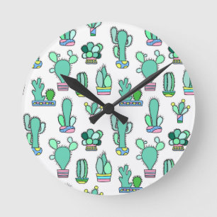 Mint Green Cactus & Succulent Plant Pattern Round Clock
