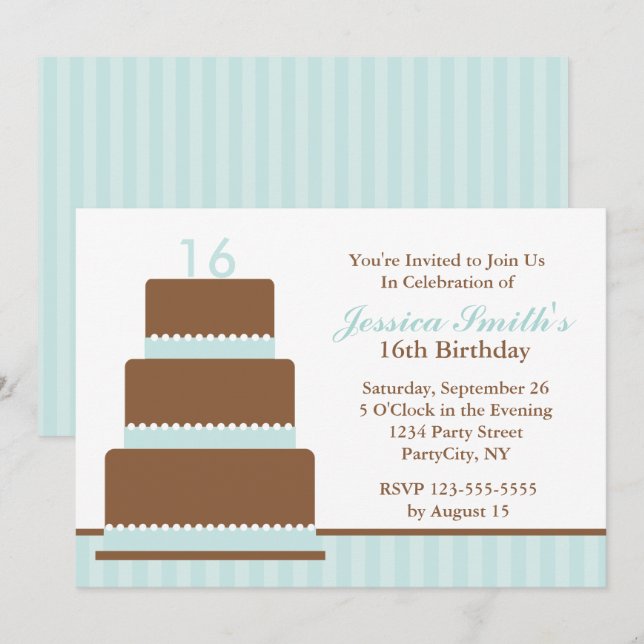 Mint Green Cake Birthday Party Invitation (Front/Back)