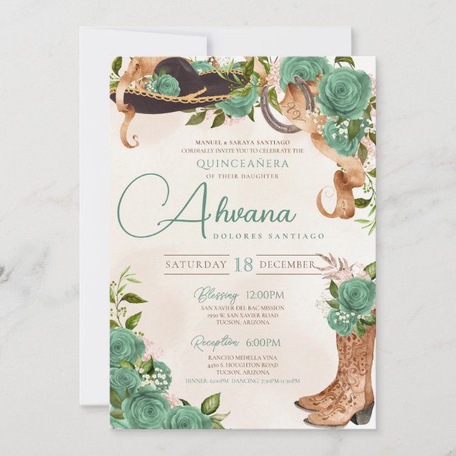 Mint Green Charra Quinceanera Western Sage Rose Invitation (Front)