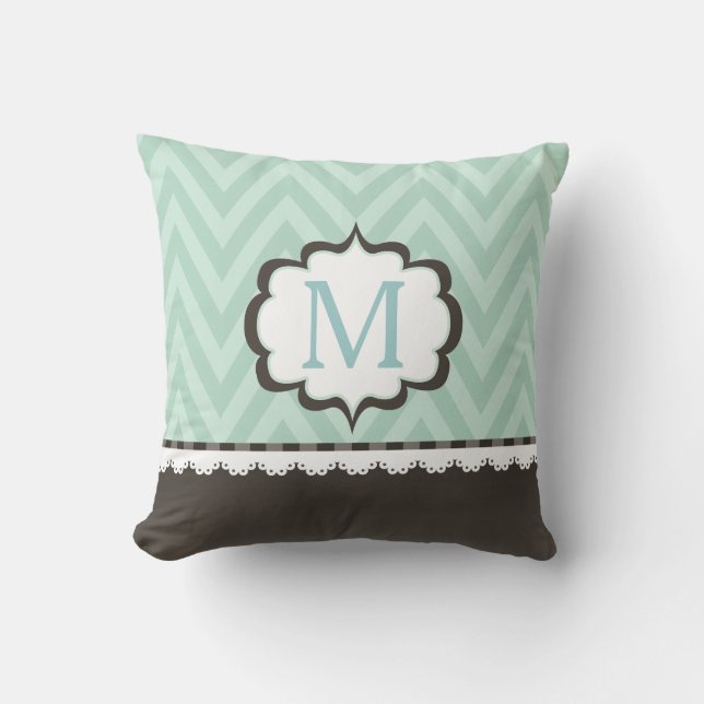 Mint Green Chevron Brown Pattern Custom Monogram Throw Pillow (Front)