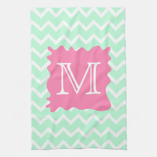 Mint Green Chevron Monogram Design with Pink Splat Kitchen Towel