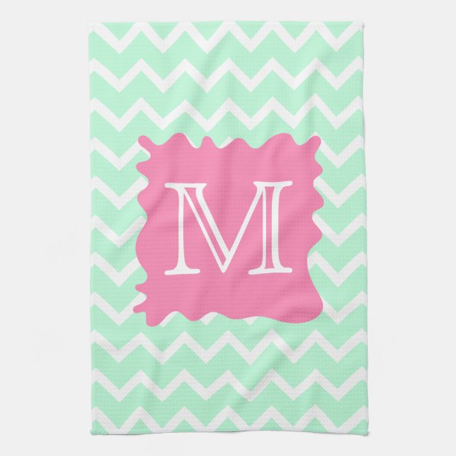 Mint Green Chevron Monogram Design with Pink Splat Kitchen Towel (Vertical)