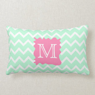 Mint Green Chevron Monogram Design with Pink Splat Lumbar Pillow