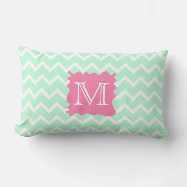Mint Green Chevron Monogram Design with Pink Splat Lumbar Pillow (Front)