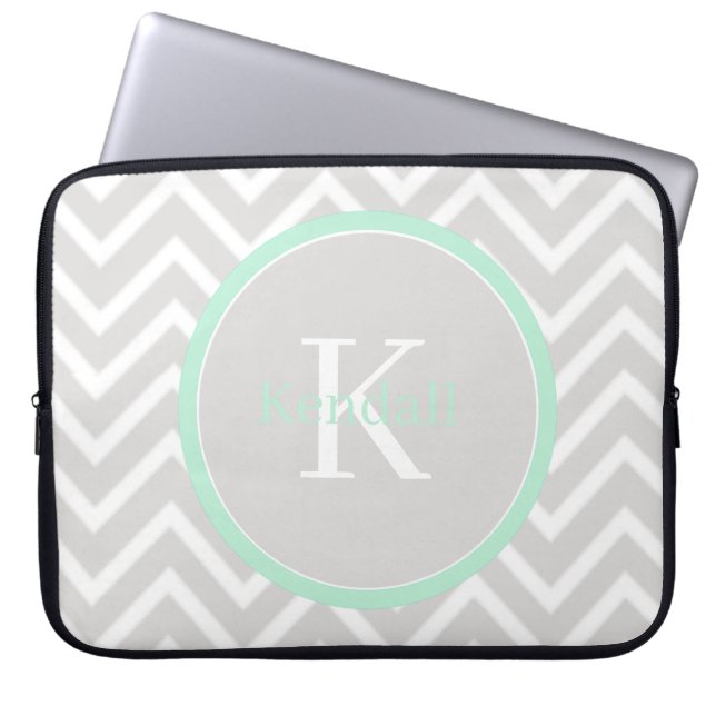 Mint Green Chevron Monogram Laptop Sleeve (Front)