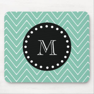Mint Green Chevron Pattern Black Monogram Mouse Pad