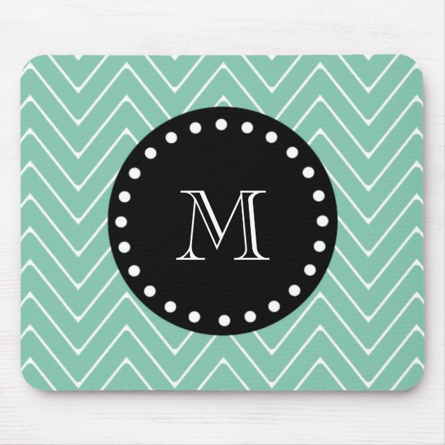 Mint Green Chevron Pattern | Black Monogram Mouse Pad (Front)