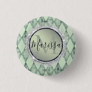 Mint Green Chic Harlequin Monogram 1 Inch Round Button