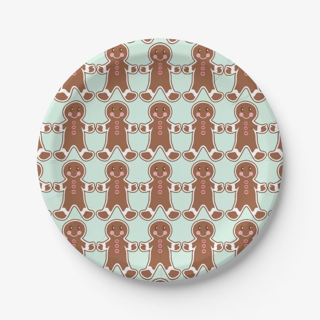 Mint Green Christmas Gingerbread Boys Paper Plates (Front)