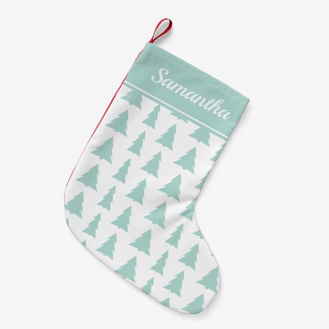 Mint Green Christmas Tree Pattern Custom Name Small Christmas Stocking (Front (Hanging))