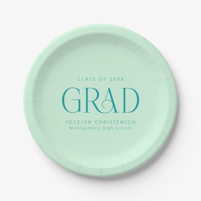 Mint Green Colourful Bold Personalized Grad Party Paper Plate (Front)