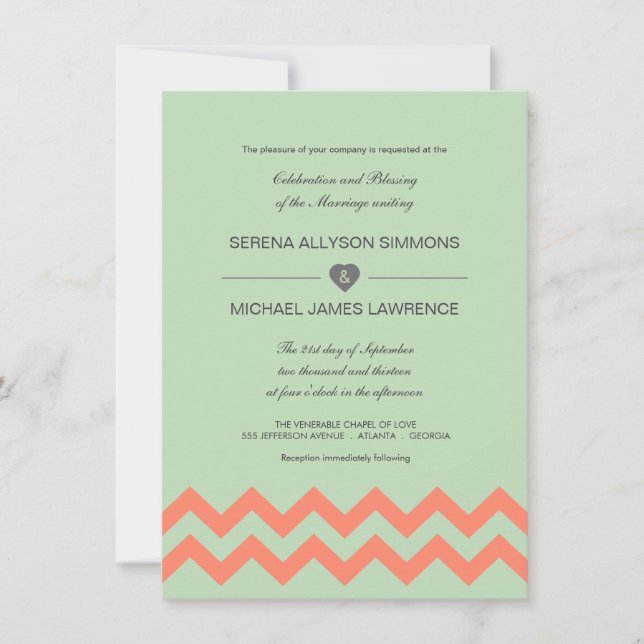 Mint Green & Coral Chevron Wedding Invitation (Front)