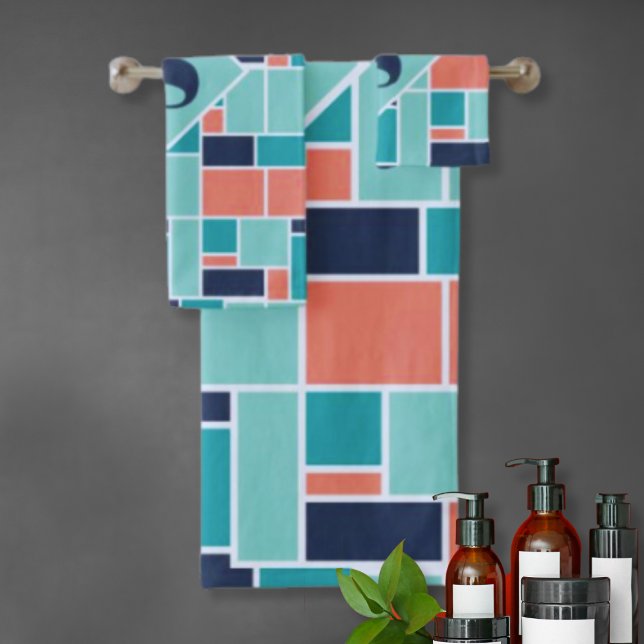 Mint Green Coral Monogram Geometric Art Bath Towel Set (Creator Uploaded)
