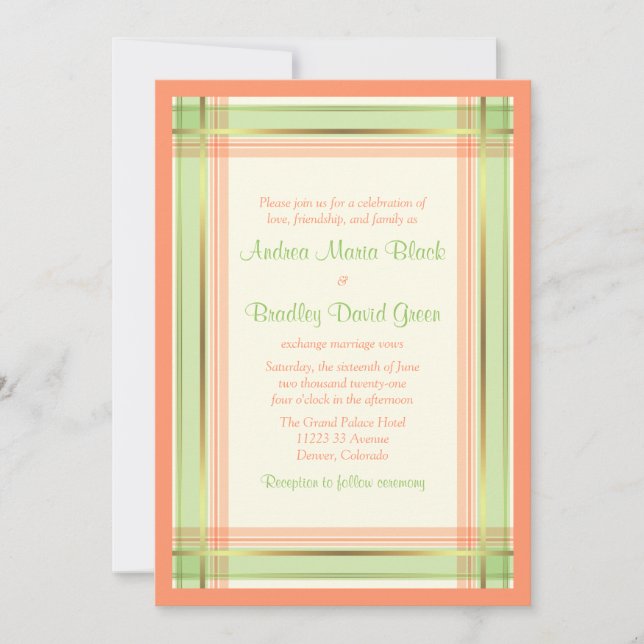 Mint Green Coral Pink Plaid Wedding Invitation (Front)