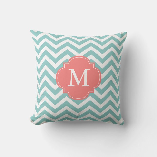 Mint Green Coral Zigzag Pattern Monogram Throw Pillow (Front)