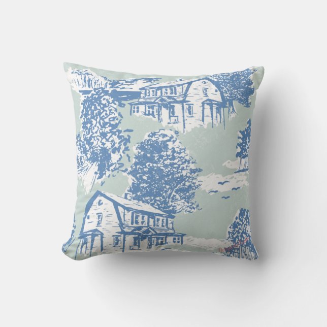 Mint Green & Cornflower Blue Toile Design Throw Pillow (Front)