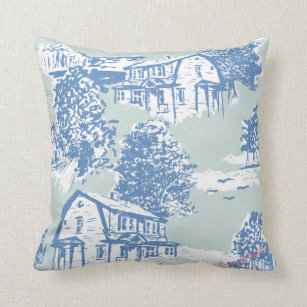 Mint Green & Cornflower Blue Toile Design Throw Pillow