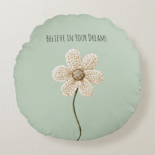 Mint Green Cream Faux Knit Flower Round Pillow