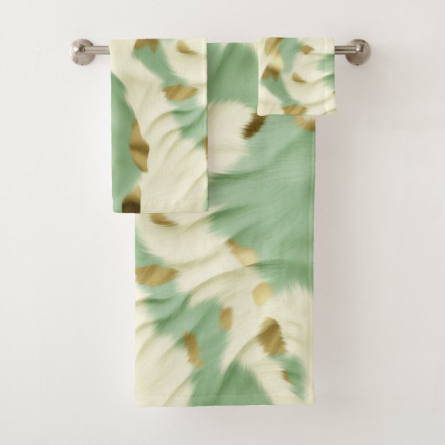 Mint Green Cream Gold Cowhide Bath Towel Set (Insitu)