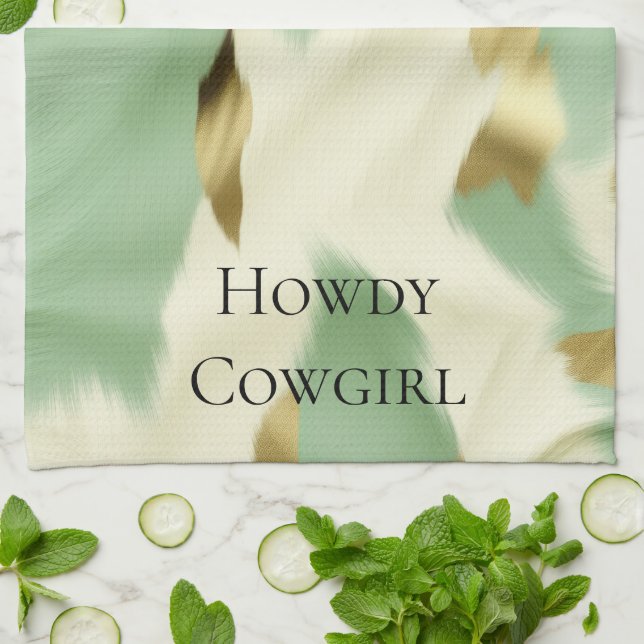 Mint Green Cream Gold Cowhide Kitchen Towel (Folded)