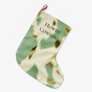 Mint Green Cream Gold Cowhide Large Christmas Stocking