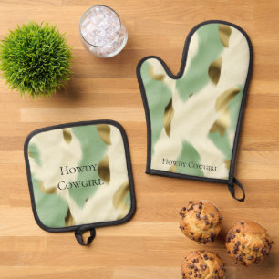 Mint Green Cream Gold Cowhide Oven Mitt & Pot Holder Set