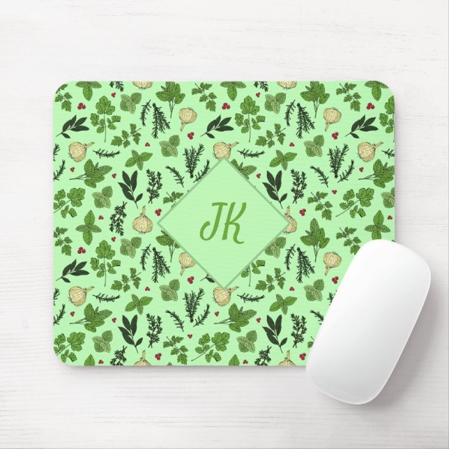 Mint Green Culinary Garden Herb Illustrations Mouse Pad (With Mouse)