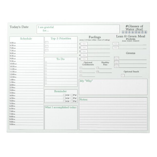 Mint Green | Daily Planner | 5 and 1 Food Journal Notepad (Front)