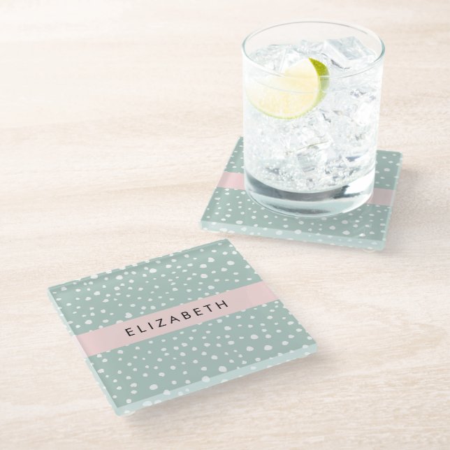 Mint Green Dalmatian Dots, Spots, Your Name Glass Coaster (Angled)