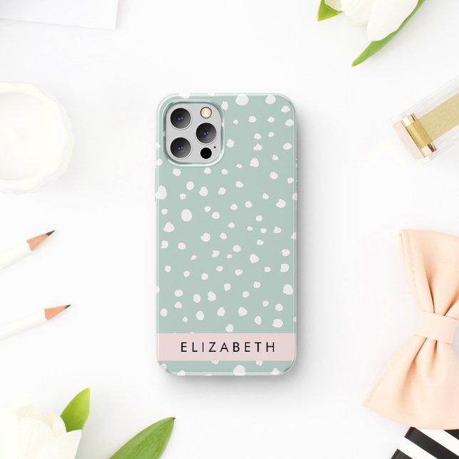 Mint Green Dalmatian Dots, Spots, Your Name iPhone 16 Case (Creator Uploaded)
