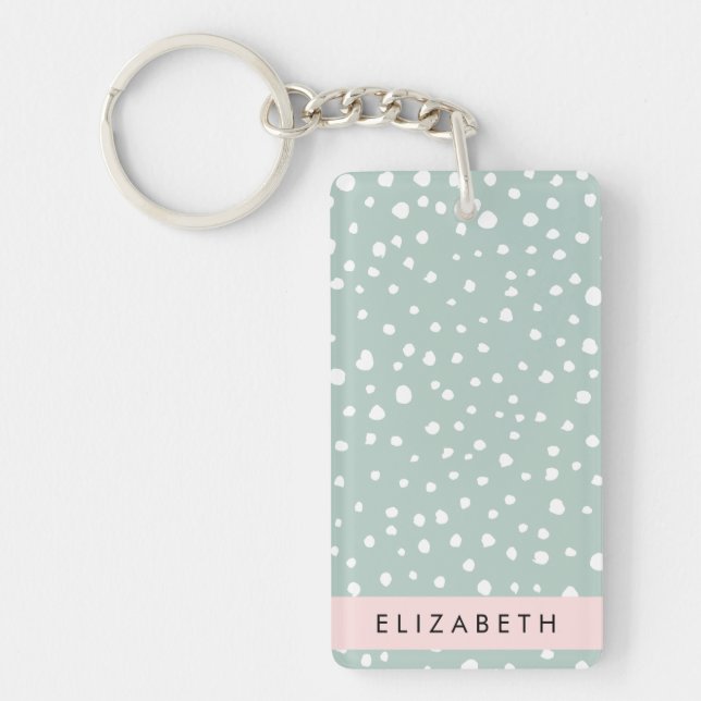 Mint Green Dalmatian Dots, Spots, Your Name Keychain (Front)