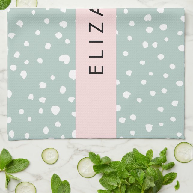 Mint Green Dalmatian Dots, Spots, Your Name Kitchen Towel (Folded)