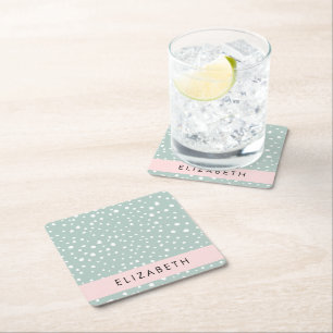 Mint Green Dalmatian Dots, Spots, Your Name Square Paper Coaster