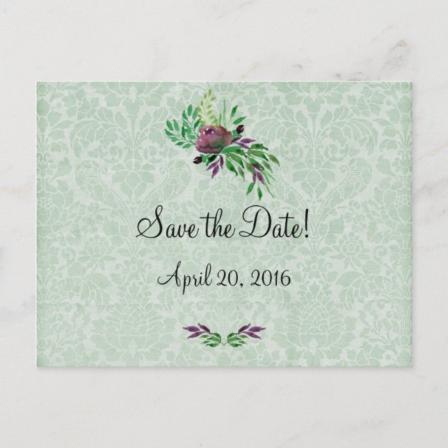 Mint Green Damask Enregistrer la date Carte postal (Devant)