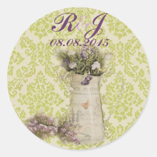 mint green damask floral lavender country wedding classic round sticker