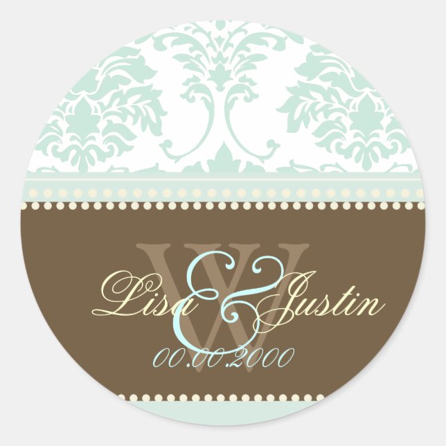 Mint Green Damask monogram wedding/DIY fonts+colou Classic Round Sticker (Front)