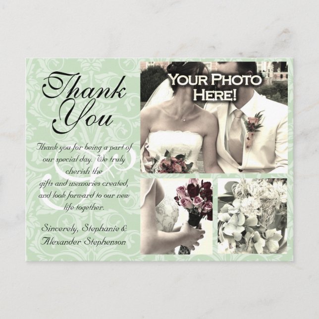 Mint Green Damask Wedding Thank You Card 3 Photos (Front)