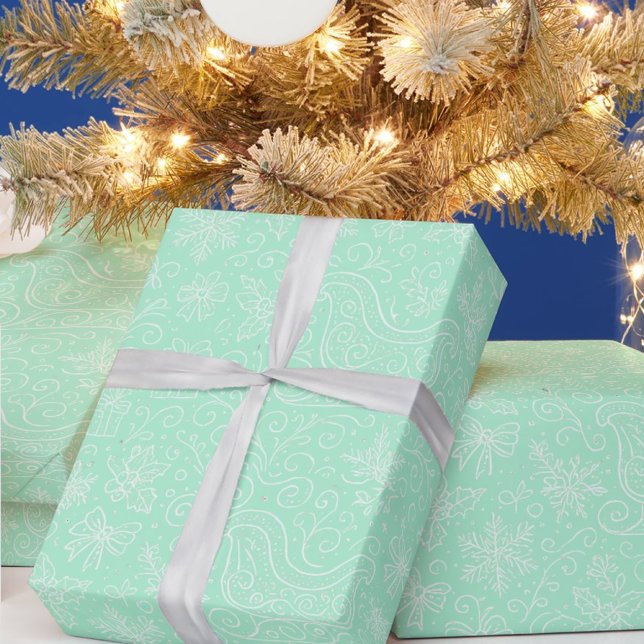 Mint Green Doodle Christmas Sleigh Pattern Wrapping Paper (Creator Uploaded)