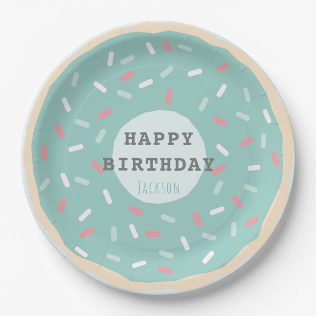 Mint Green Doughnut Boy's Birthday Paper Plate (Front)