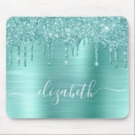 Mint Green Dripping Glitter Monogram Mouse Pad<br><div class="desc">Custom elegant and girly mouse pad featuring mint green faux glitter drips and a mint green faux brushed metallic background. Monogram with your name in a stylish trendy white script with swashes.</div>
