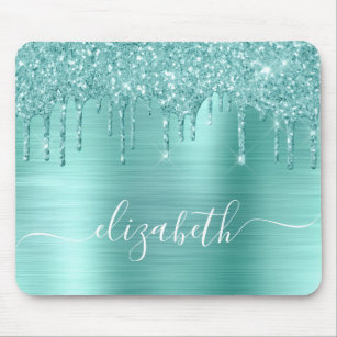 Mint Green Dripping Glitter Monogram Mouse Pad