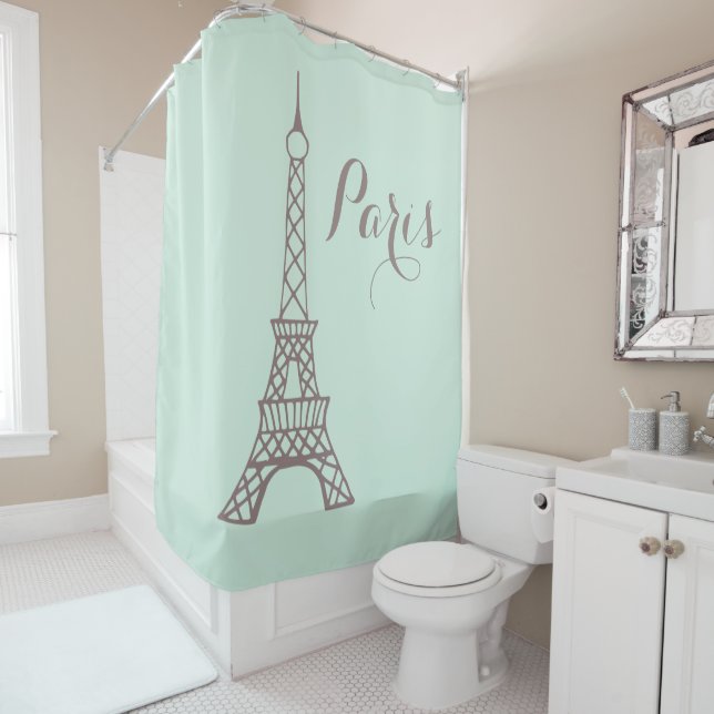 Mint Green Eiffel Tower Shower Curtain (In Situ)