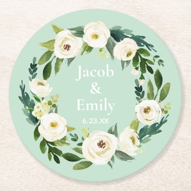 Mint Green Elegant Greenery Personalized Wedding Round Paper Coaster (Front)