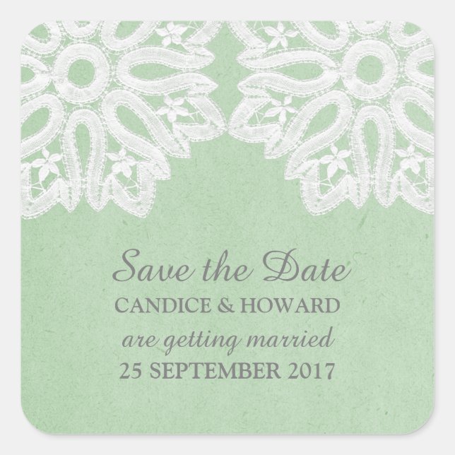 Mint Green Elegant Lace Save the Date Stickers (Front)