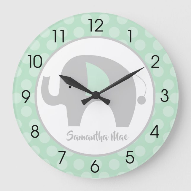 Mint Green Elephant Gender Neutral Nursery Large Clock (Front)