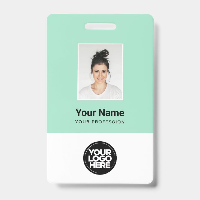 Mint Green Employee Photo, Bar Code, Logo, Name Badge (Front)